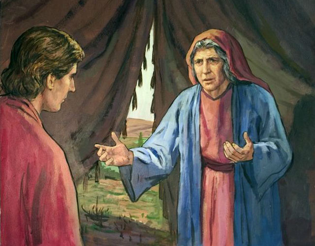Jacob had to run away because of Esau	's anger<br />エサウが激怒しているため、リベカはヤコブを非難させた